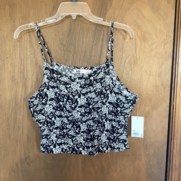 So floral print cropped cinch waist tank black white floral L or XL jrs - Picture 10 of 17